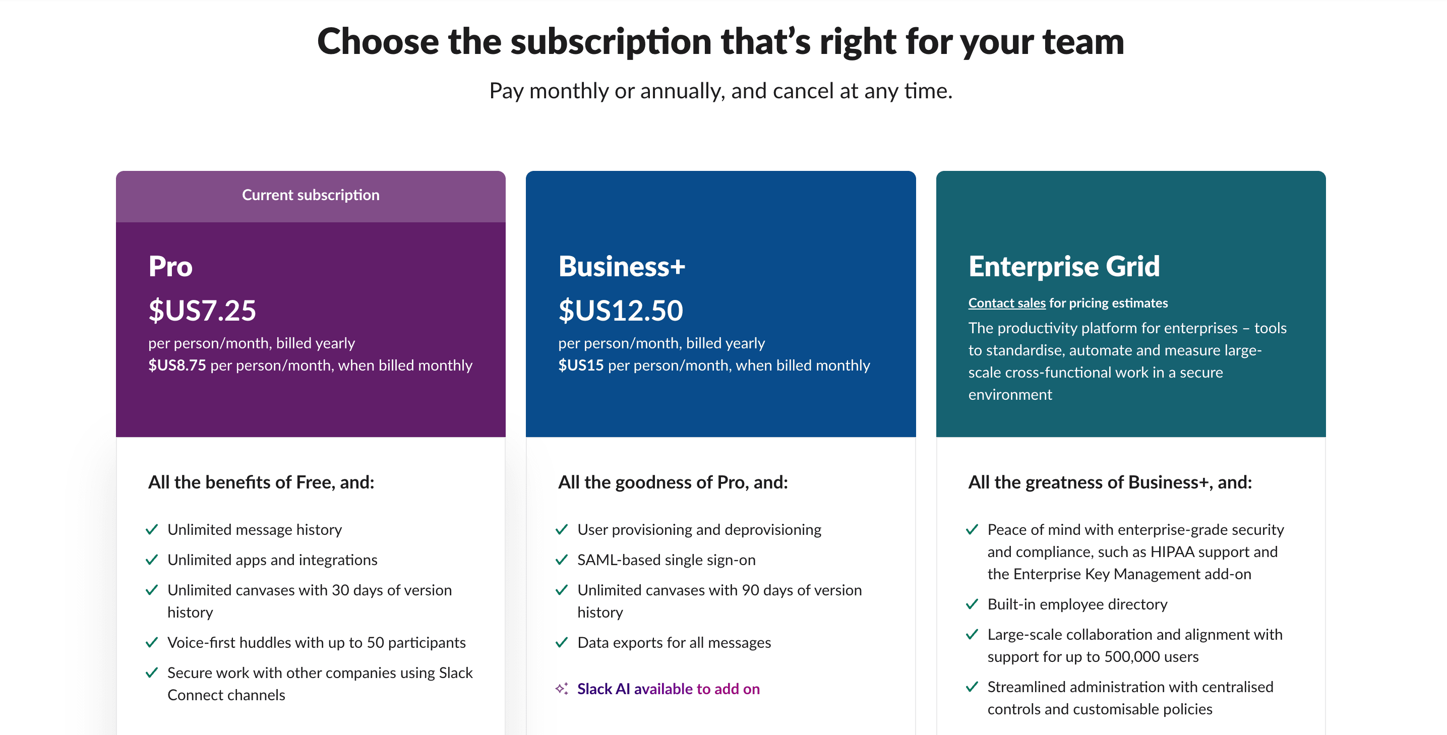 Slack pricing page