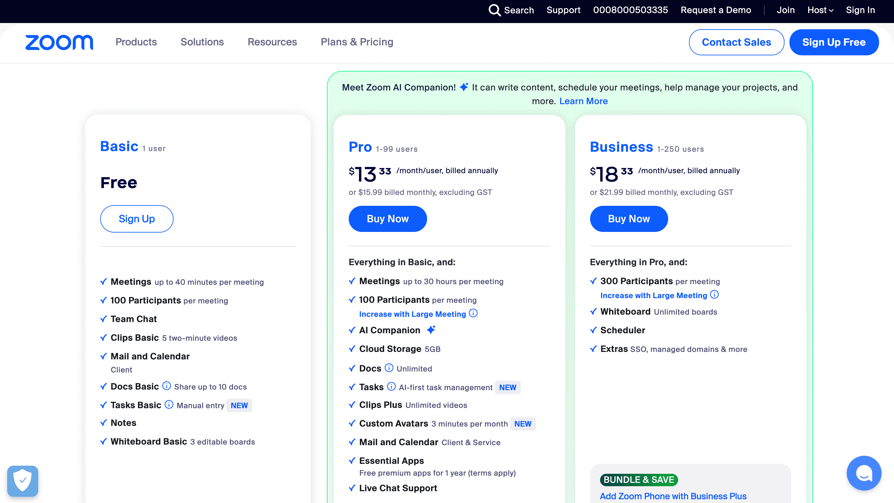 Zoom's pricing page