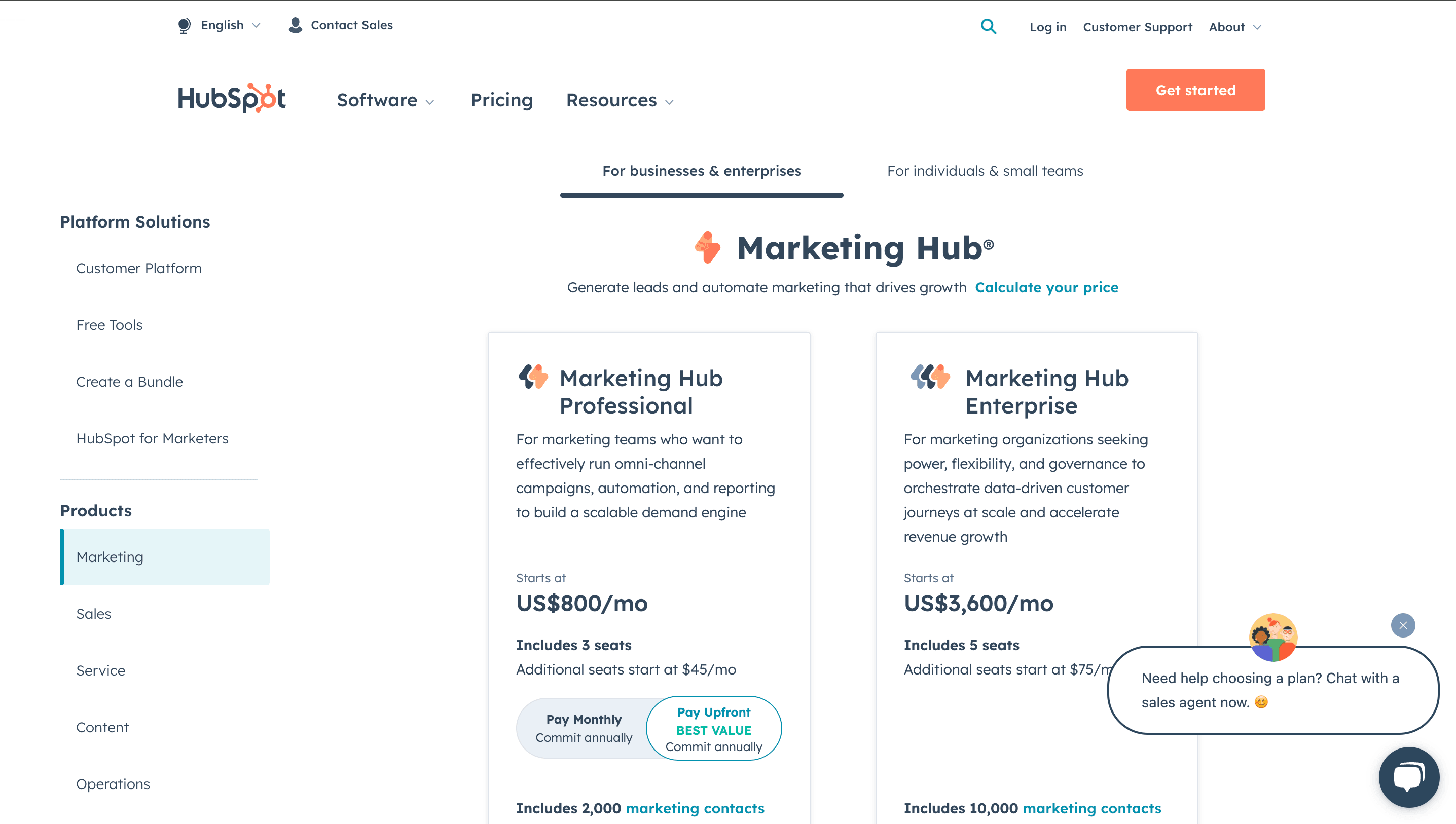 Hubspot pricing page