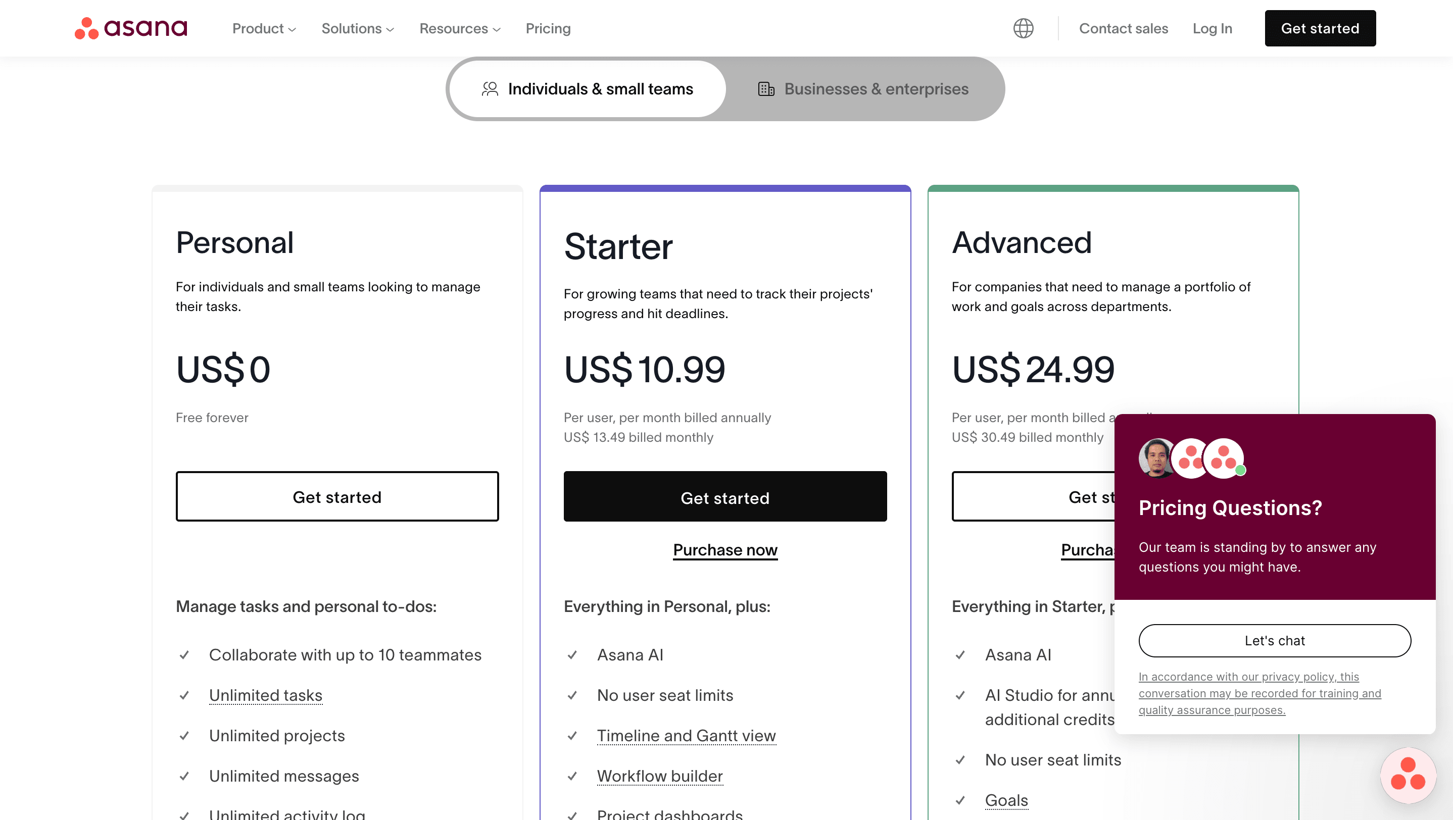 Asana pricing page