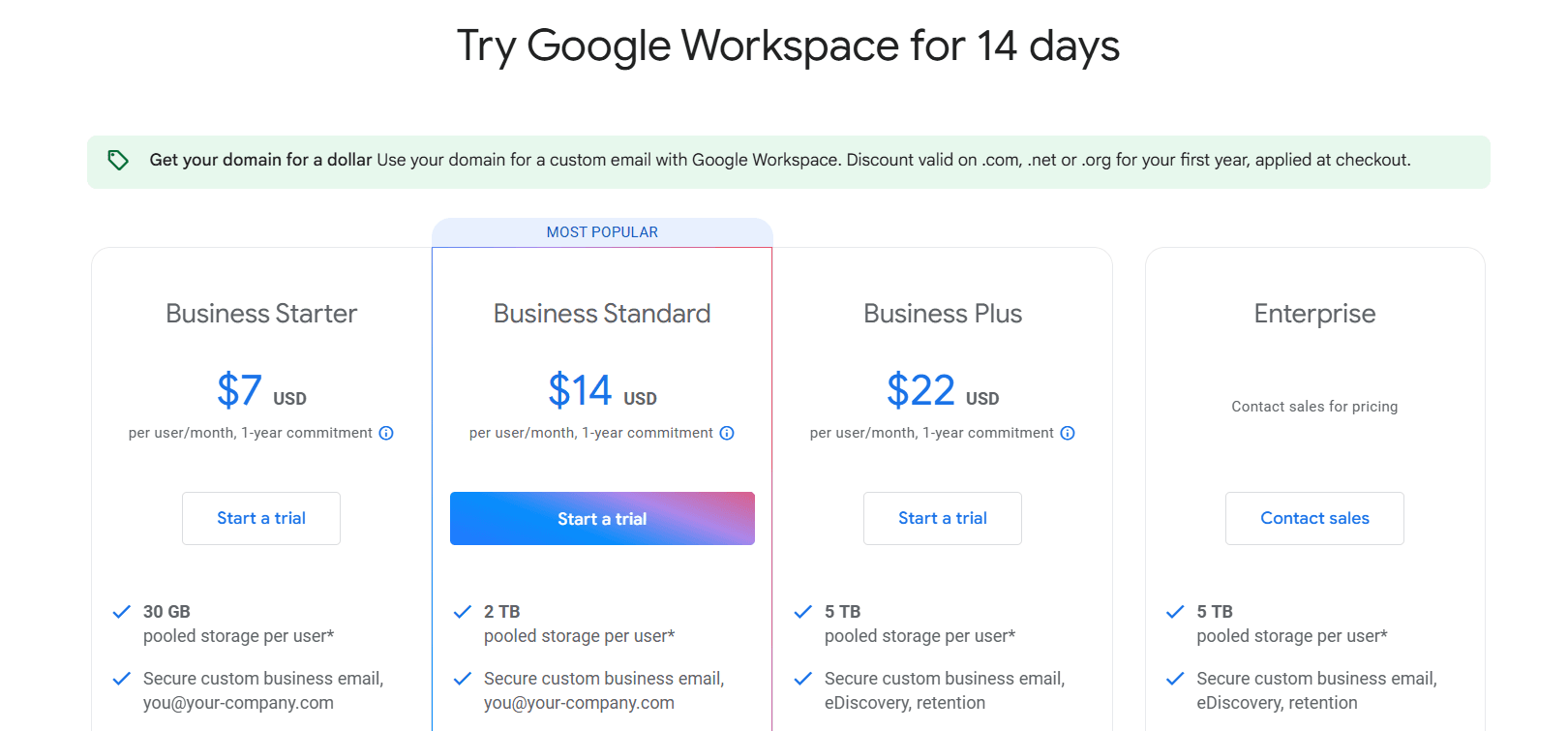 Google Workspace pricing page