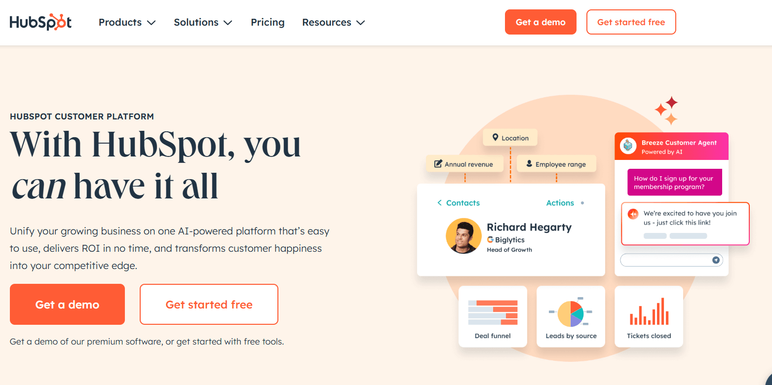Screenshot of hubspot home page
