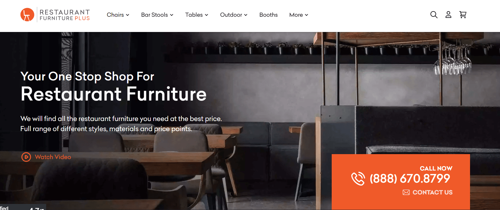 Screenshot of home page of Restaurant Furniture Plus