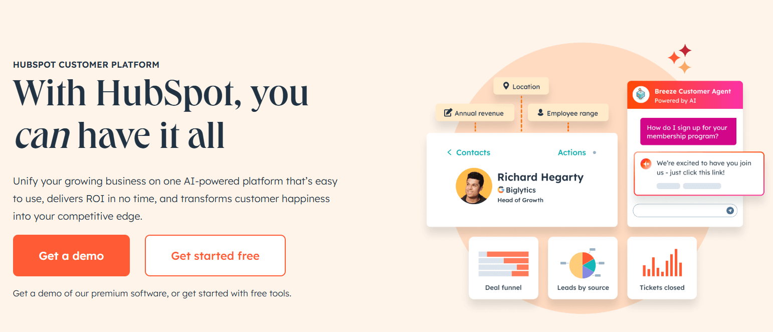 Screenshot of HubSpot homepage