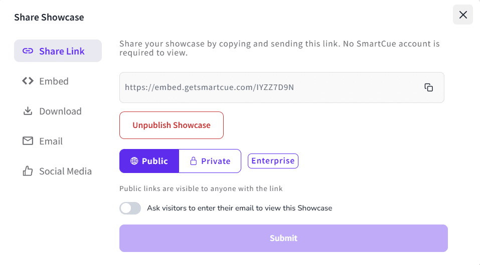 SmartCue share options for demo video.