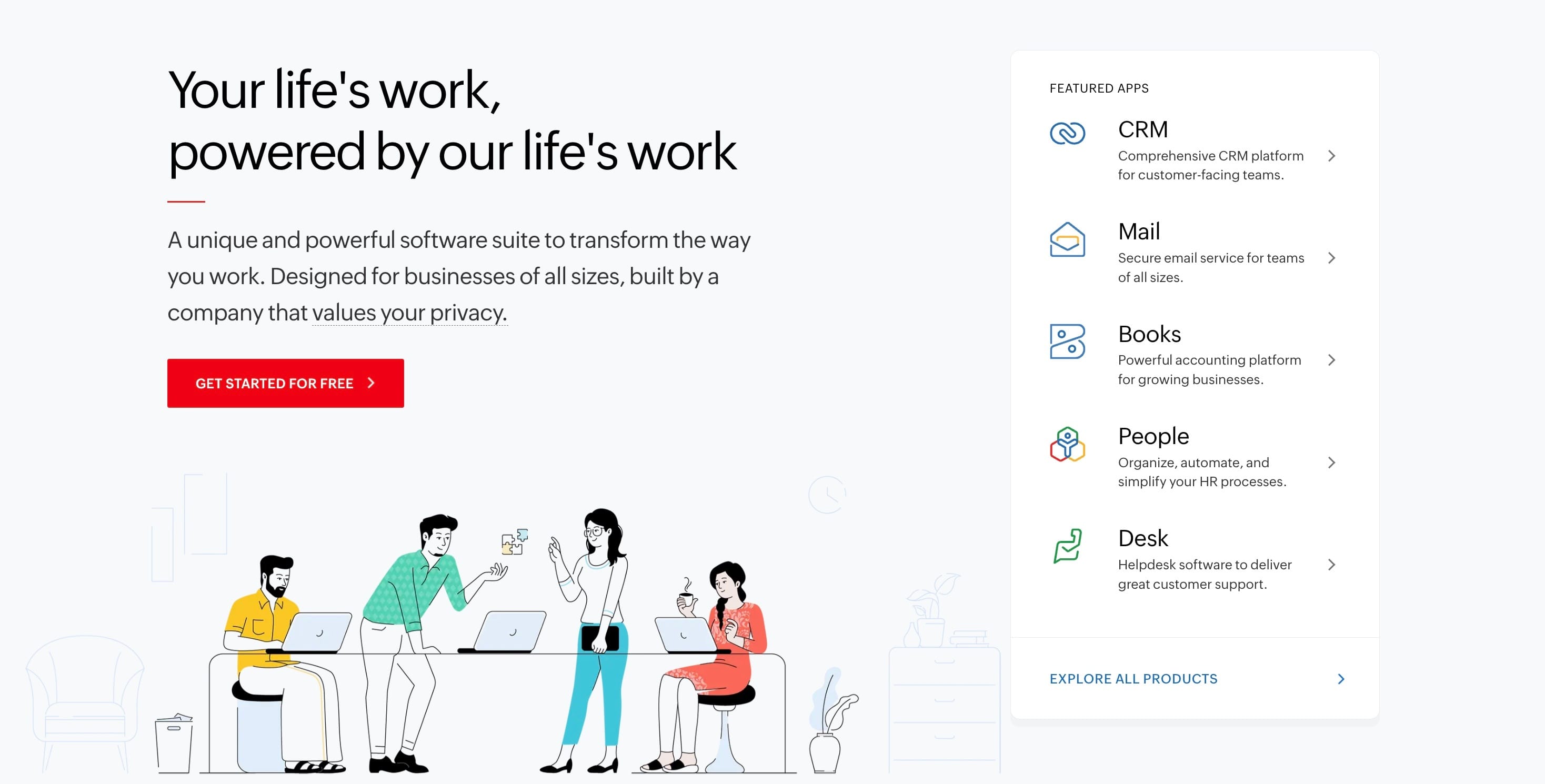 Screenshot of Zoho homepage
