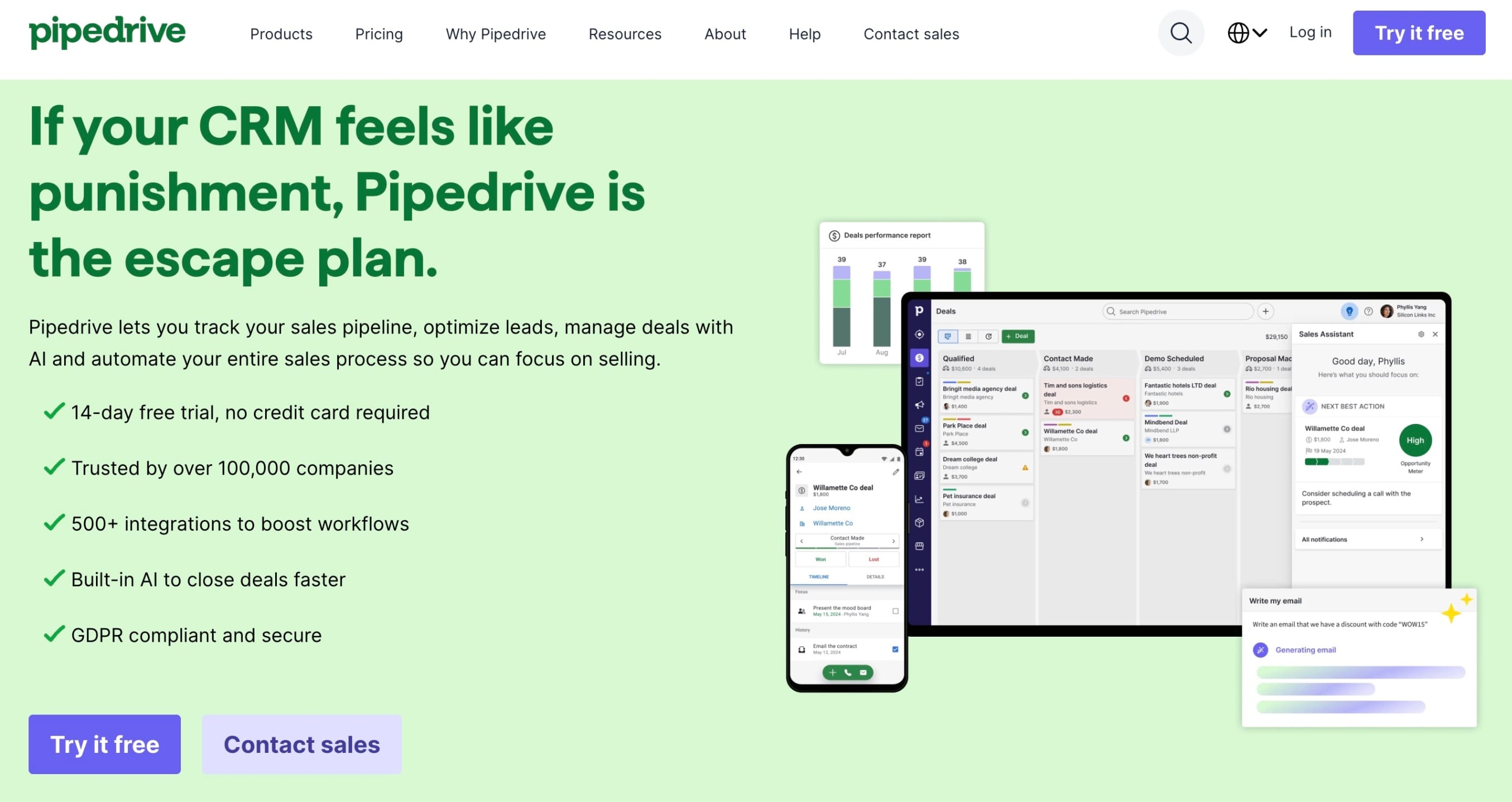 Screenshot of Pipedrive homepage