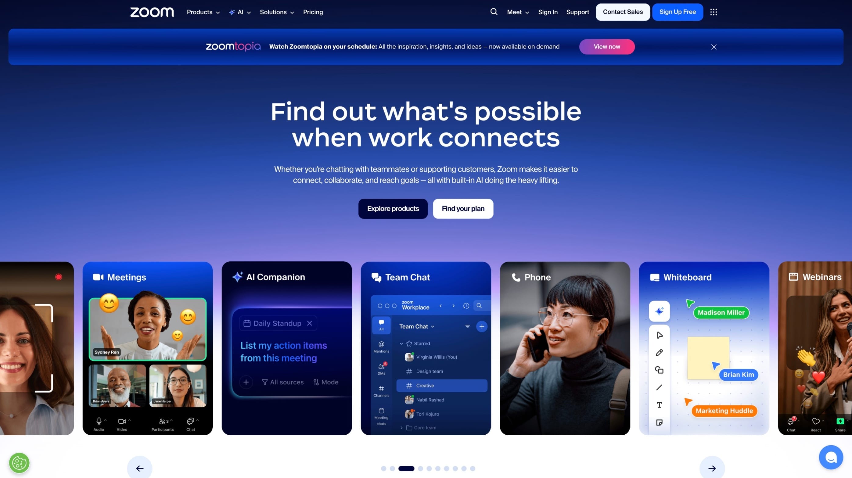 Screenshot of Zoom homepage