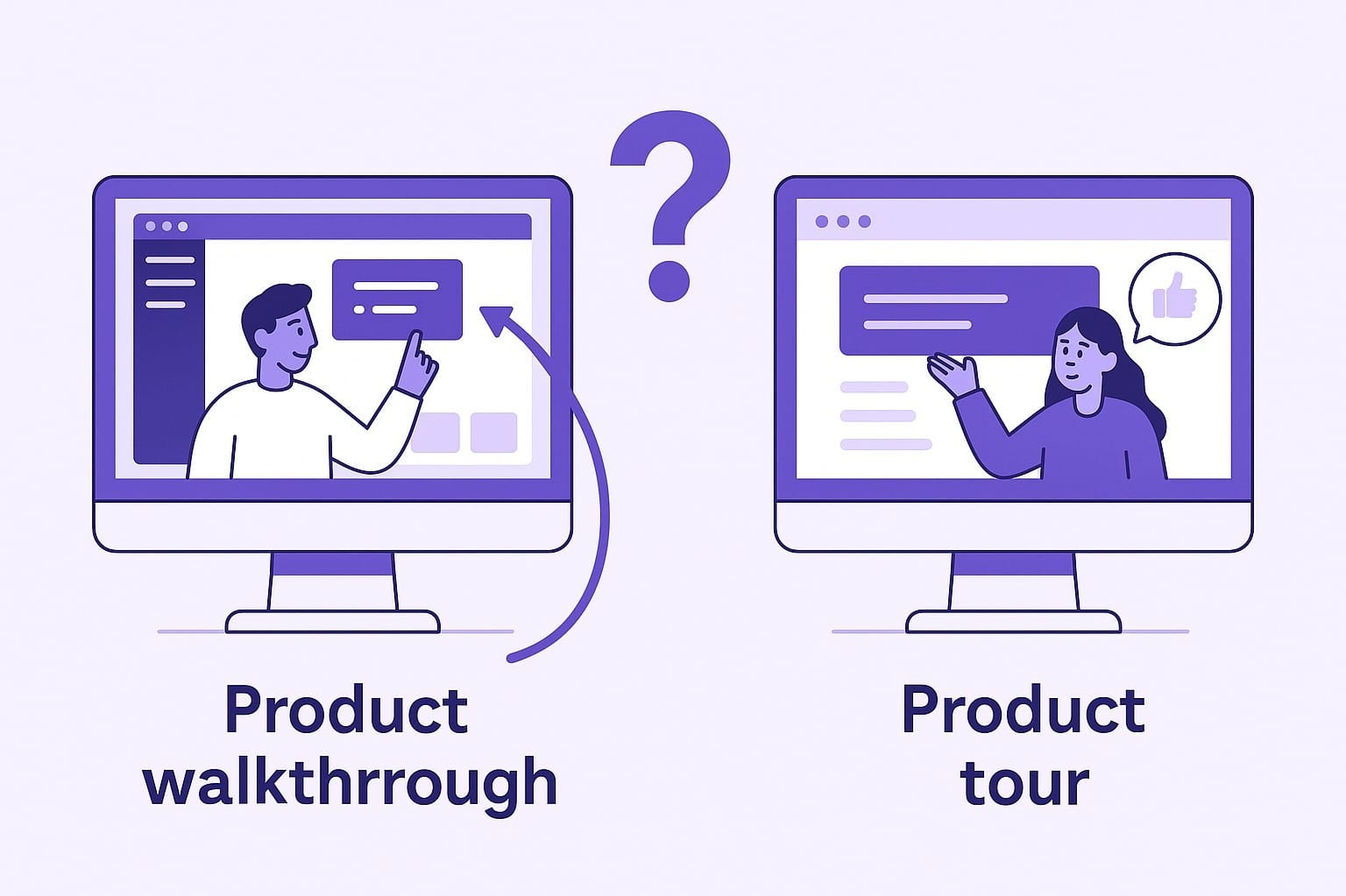 Comparison illustration of product walkthrough vs product tour