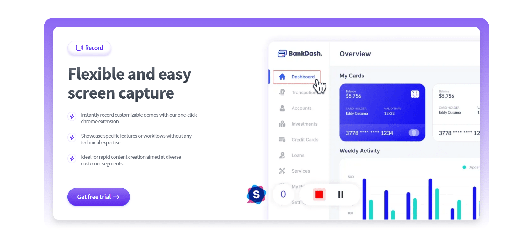 SmartCue flexible screen capture tool for creating customizable SaaS demos.