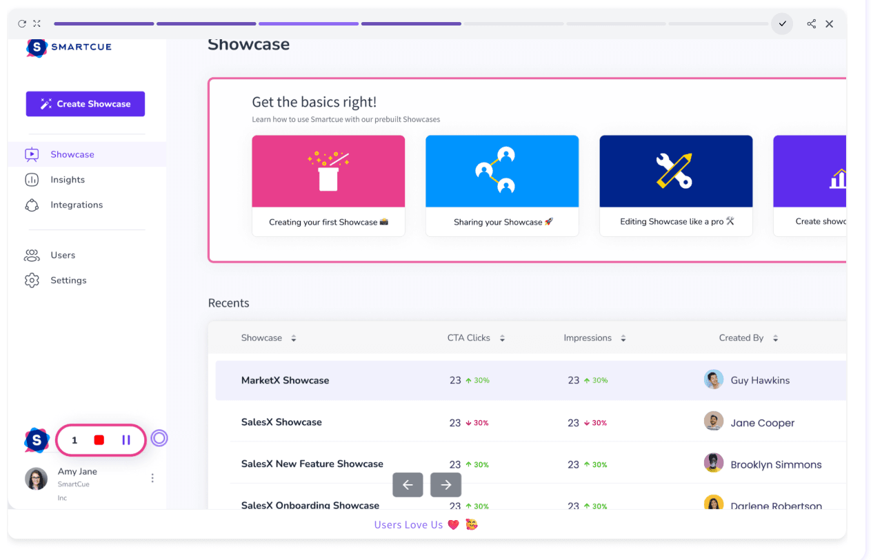 SmartCue dashboard showing showcase creation, sharing, editing options, and recent demo performance metrics.