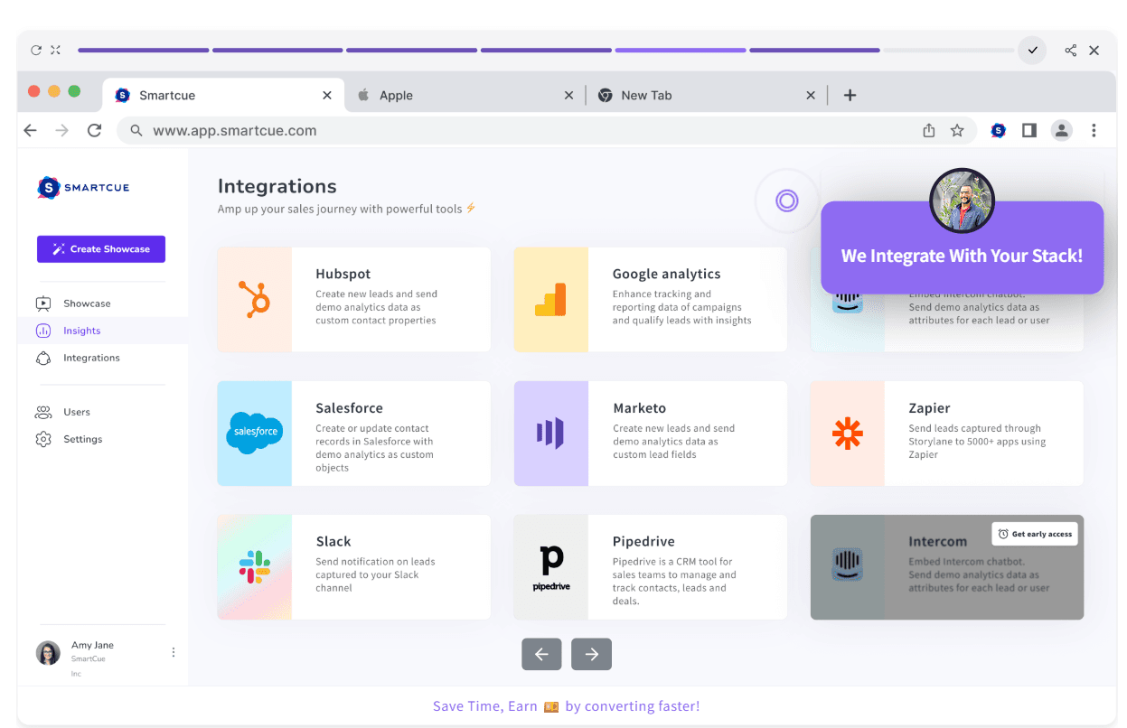 SmartCue integrations dashboard showing tools like HubSpot, Salesforce, Google Analytics, Marketo, Slack, Zapier, Pipedrive, and Intercom.