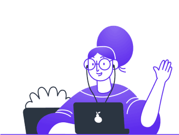 A woman with glasses using a laptop and waving.