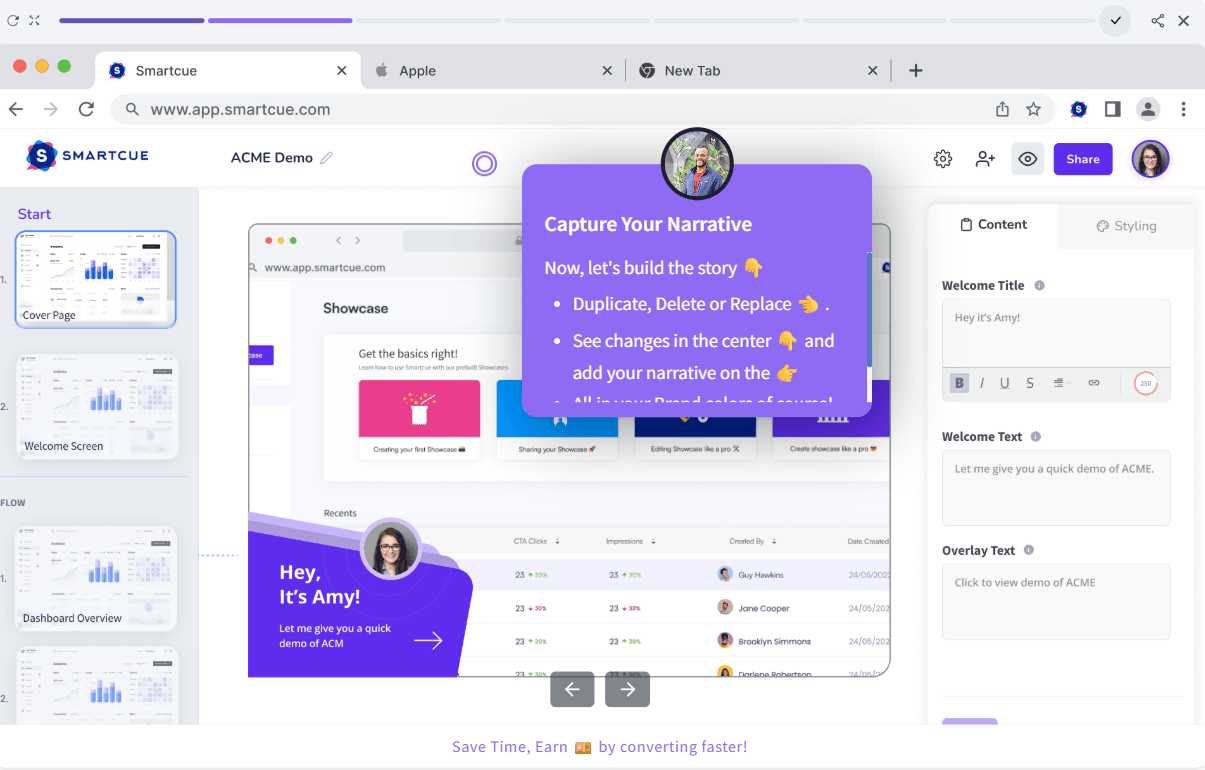 SmartCue demo builder interface with guided steps for creating personalized product demos.