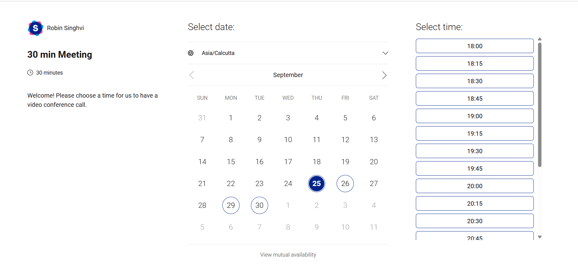 Online meeting scheduler showing a 30-minute meeting option with calendar date and time slot selection.