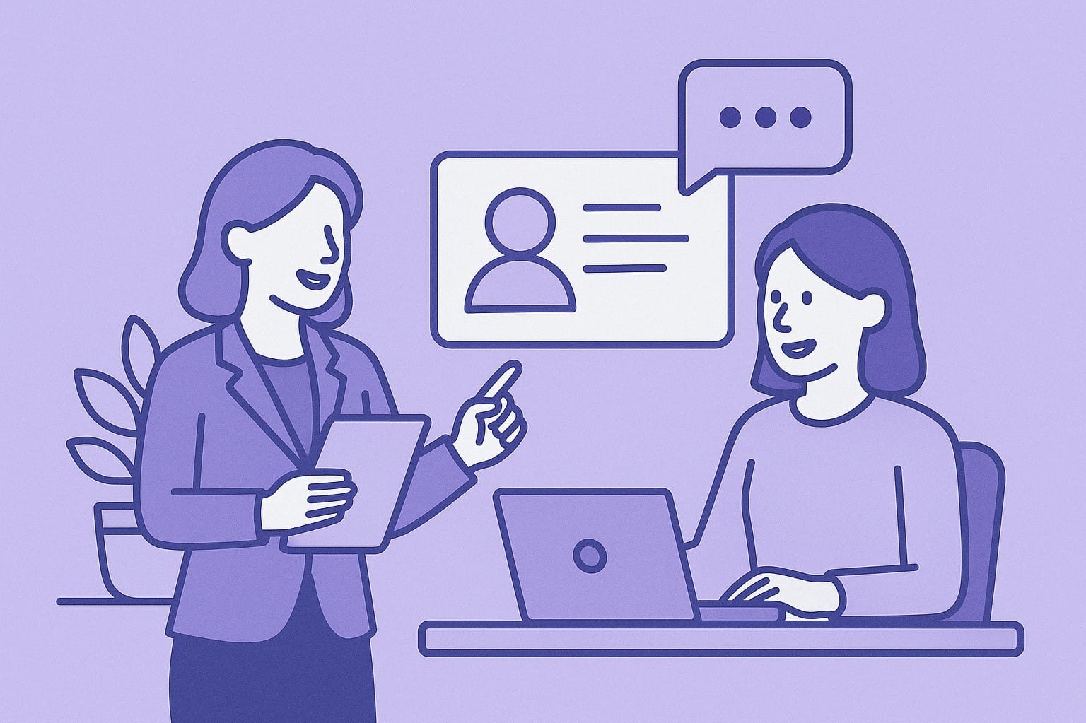 Two women discussing at a desk with laptop and tablet in a modern office