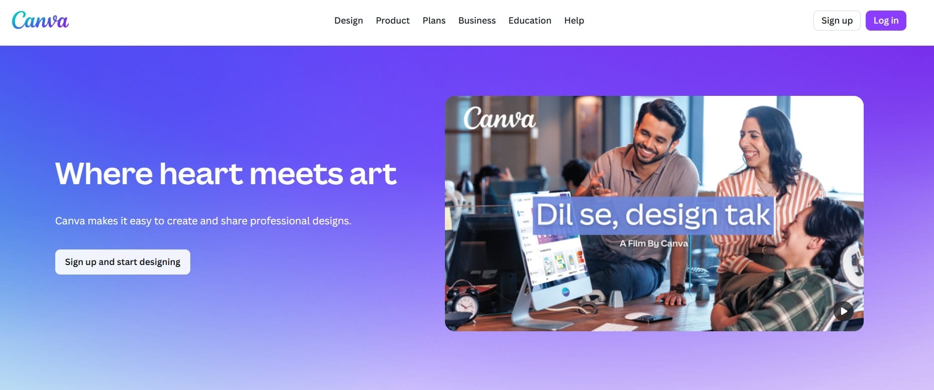 Screenshot of home page of canva