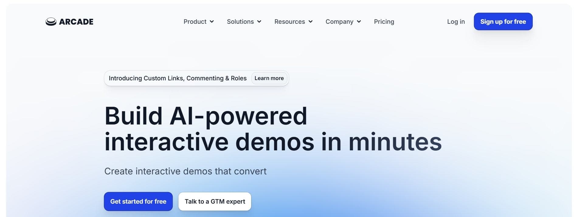 Screenshot of Arcade homepage