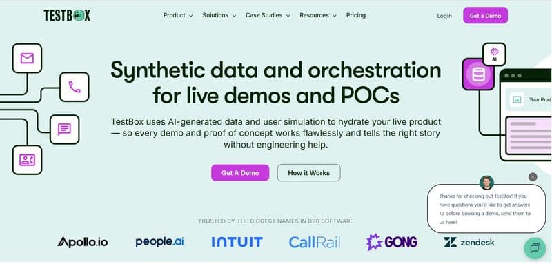 Screenshot of the TestBox homepage showing the headline 'Synthetic data and orchestration for live demos and POCs' with navigation menu and demo request buttons.