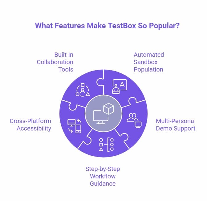Infographic showing the features that make TestBox popular, including collaboration tools, automated sandbox population, multi-persona demo support, workflow guidance, and cross-platform accessibility.