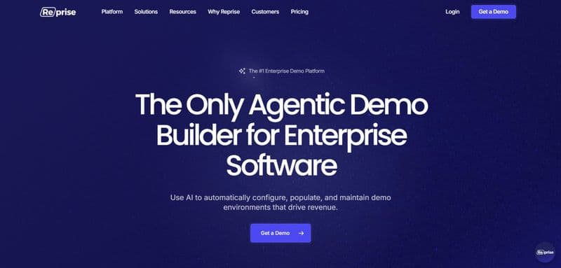 Screenshot of the Reprise homepage displaying the headline ‘The Only Agentic Demo Builder for Enterprise Software,’ with navigation links, a demo button, and supporting text.