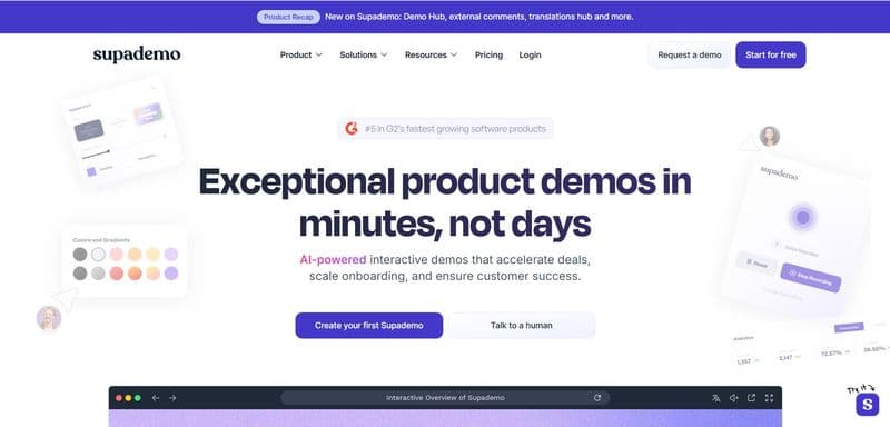 Screenshot of the Supademo homepage showing the headline ‘Exceptional product demos in minutes, not days,’ with navigation links, demo buttons, and interface visuals.