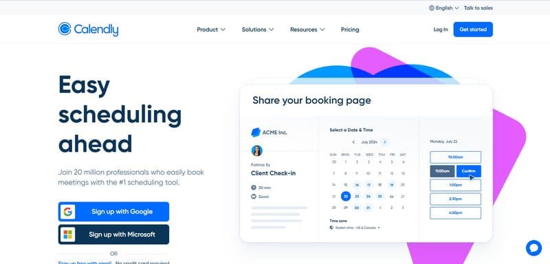 Calendly homepage showing easy scheduling features with a booking calendar and sign-up options.