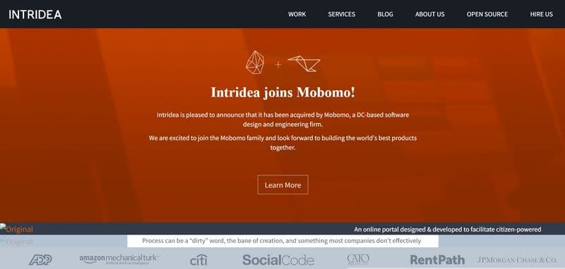 Intridea homepage announcing acquisition by Mobomo, featuring headline, message, and Learn More button on an orange background.