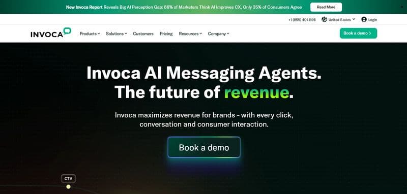Invoca homepage showing its AI messaging platform with a “Book a demo” button on a dark gradient background.