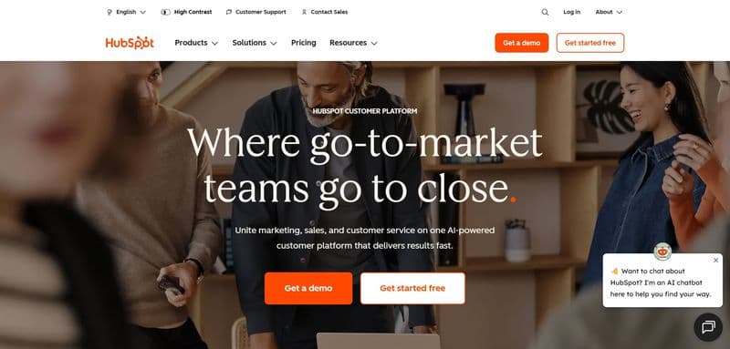 Screenshot of the HubSpot homepage, showcasing a banner with the message "Where go-to-market teams go to close" and highlighting their AI-powered customer platform, with options to "Get a demo" or "Get started free."