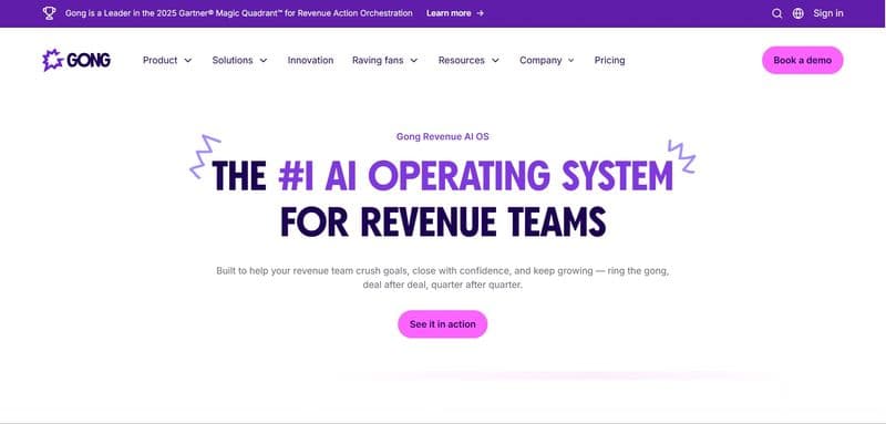 Screenshot of Gong's homepage highlighting their AI Revenue Operating System for revenue teams, featuring a prominent call-to-action button to 'See it in action' and a banner showcasing their leadership in the 2025 Gartner Magic Quadrant.