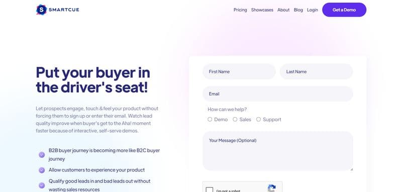 Screenshot of the SmartCue website showcasing their customer engagement platform with a call-to-action that reads, "Put your buyer in the driver's seat!" The page includes fields for name, email, and an option to select demo, sales, or support, along with a "Get a Demo" button.