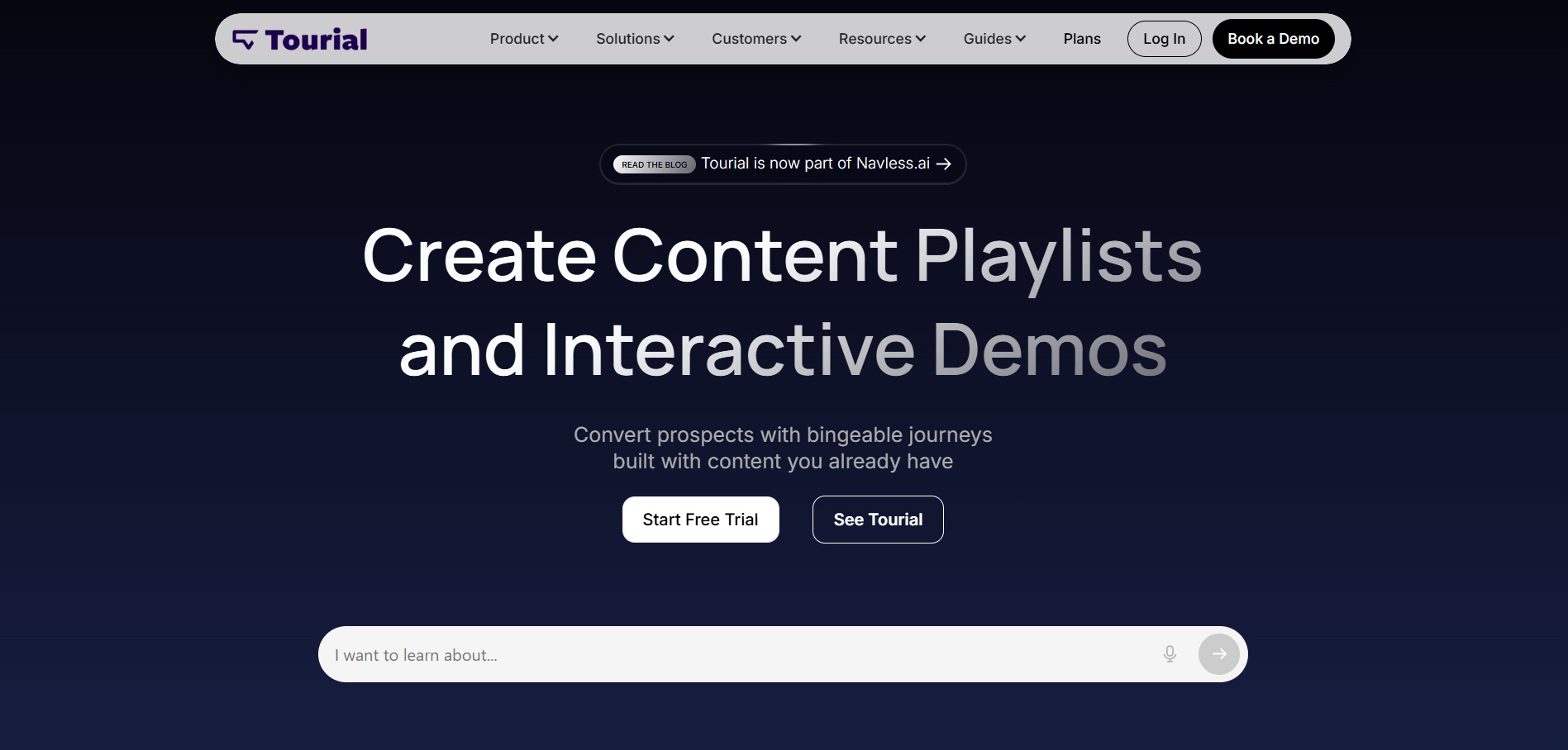 Screenshot of the Tourial website showcasing the headline 'Create Content Playlists and Interactive Demos' with a call to action 'Start Free Trial' and 'See Tourial' buttons.