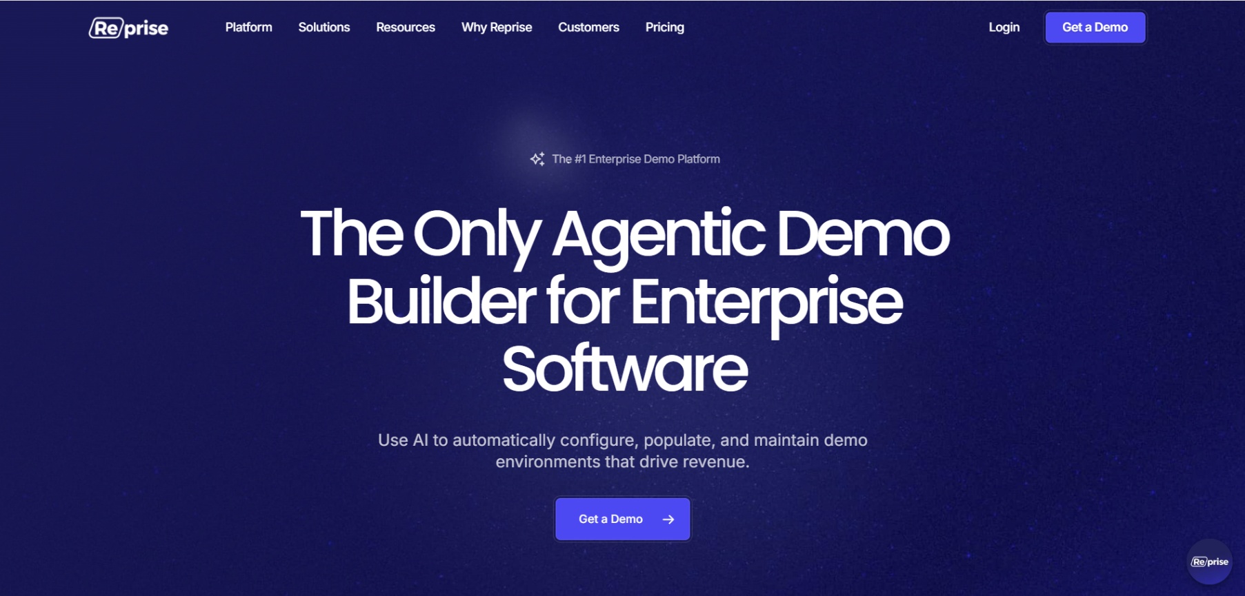 Screenshot of Reprise's homepage with the headline 'The Only Agentic Demo Builder for Enterprise Software,' highlighting AI-powered demo creation for enterprise environments and a 'Get a Demo' button.