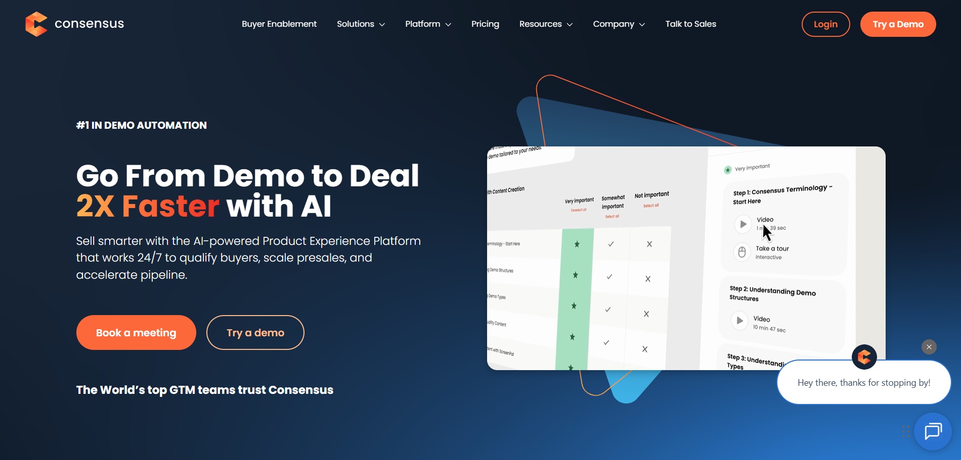 Screenshot of Consensus’s homepage banner featuring the headline “Go From Demo to Deal 2X Faster with AI,” buttons to book a meeting or try a demo, a preview of the demo interface, and a chat pop-up greeting visitors.