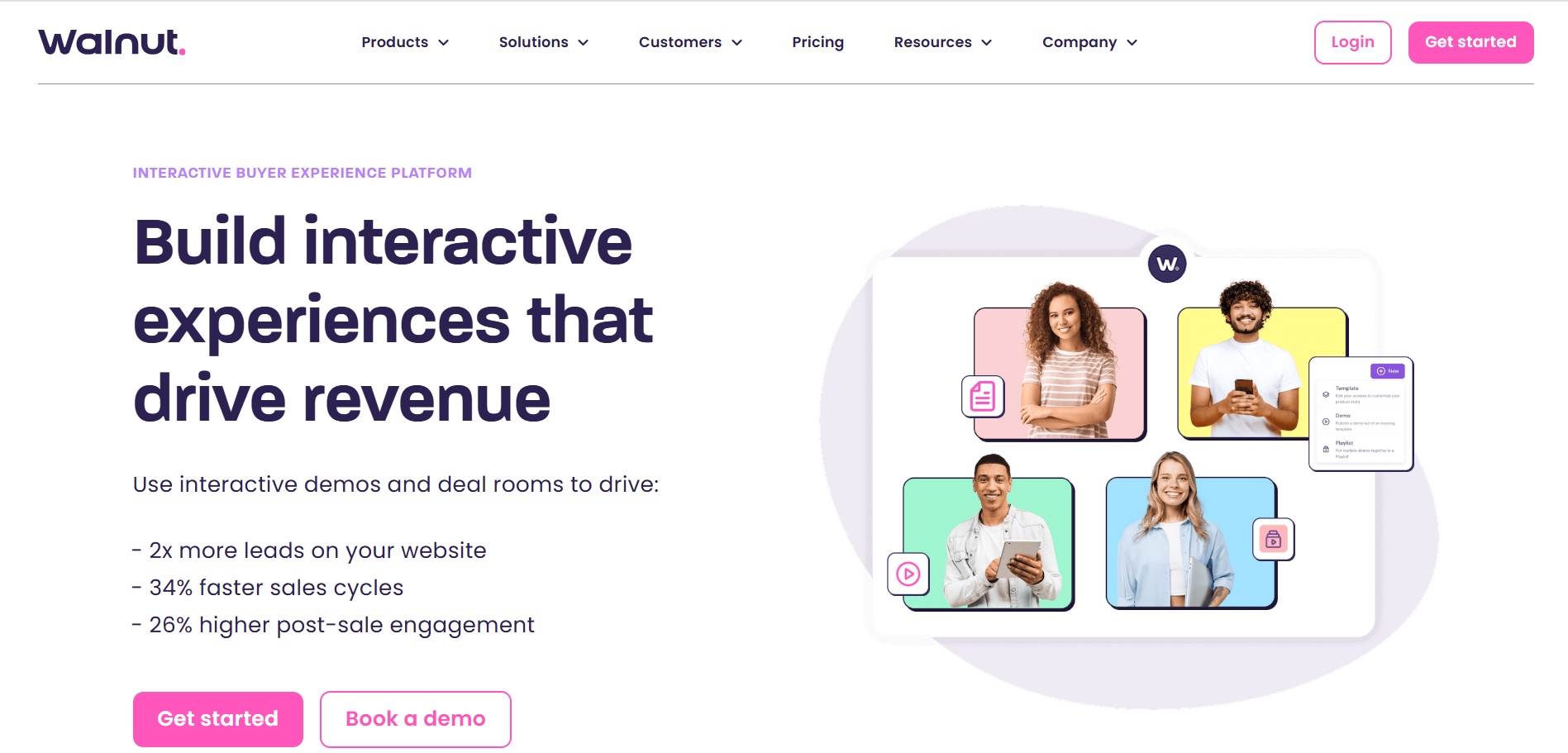 Screenshot of Walnut’s homepage banner featuring the headline “Build interactive experiences that drive revenue,” key performance stats, buttons to get started or book a demo, and an illustration of users inside colourful demo frames.