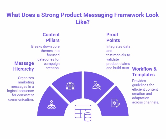 Infographic showing a semi-circular messaging framework with four elements: Message Hierarchy, Content Pillars, Proof Points, and Workflow & Templates.