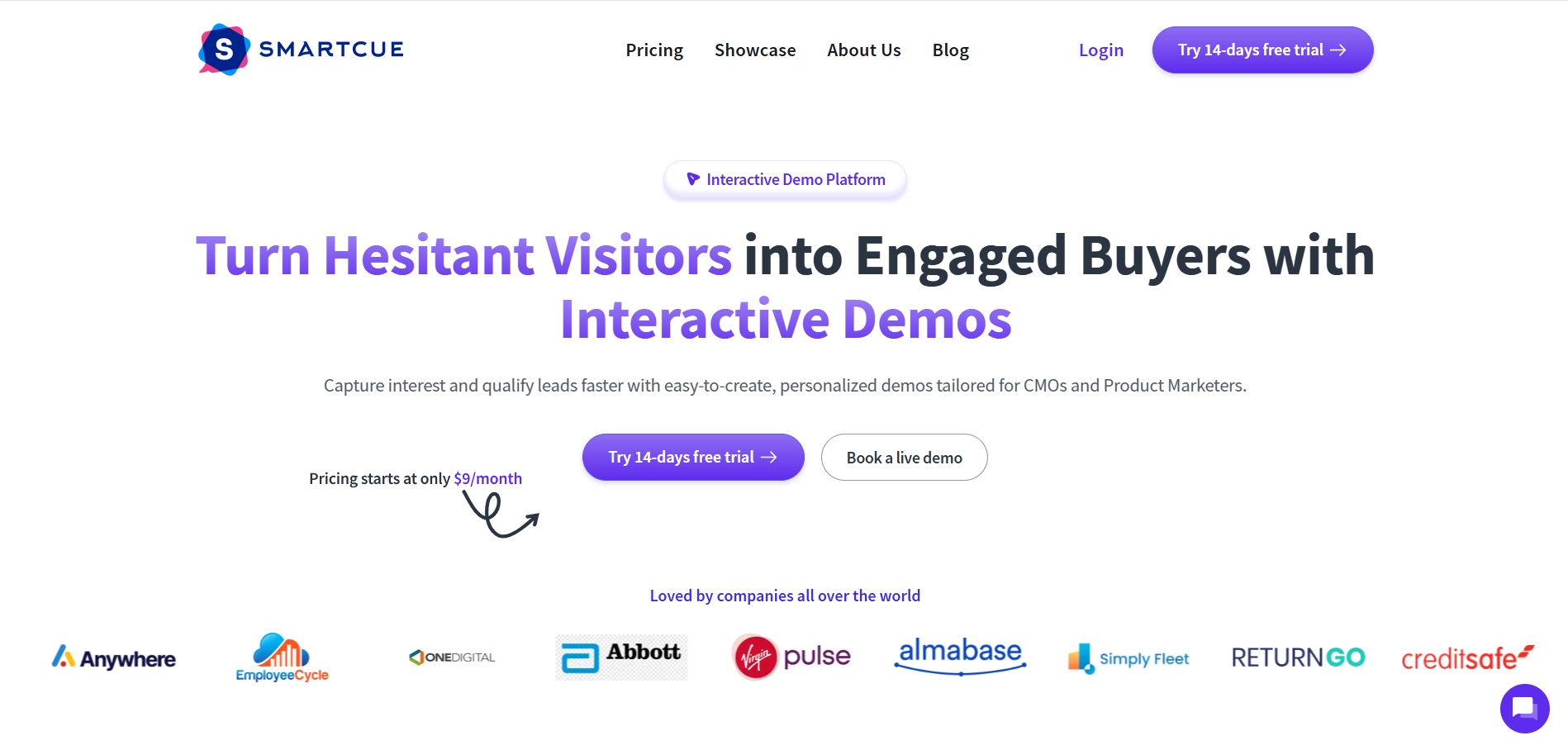 Screenshot of the Smartcue homepage with the title 'Turn Hesitant Visitors into Engaged Buyers with Interactive Demos,' highlighting a $9/month pricing and options for a free trial or live demo, with logos of companies using the platform.