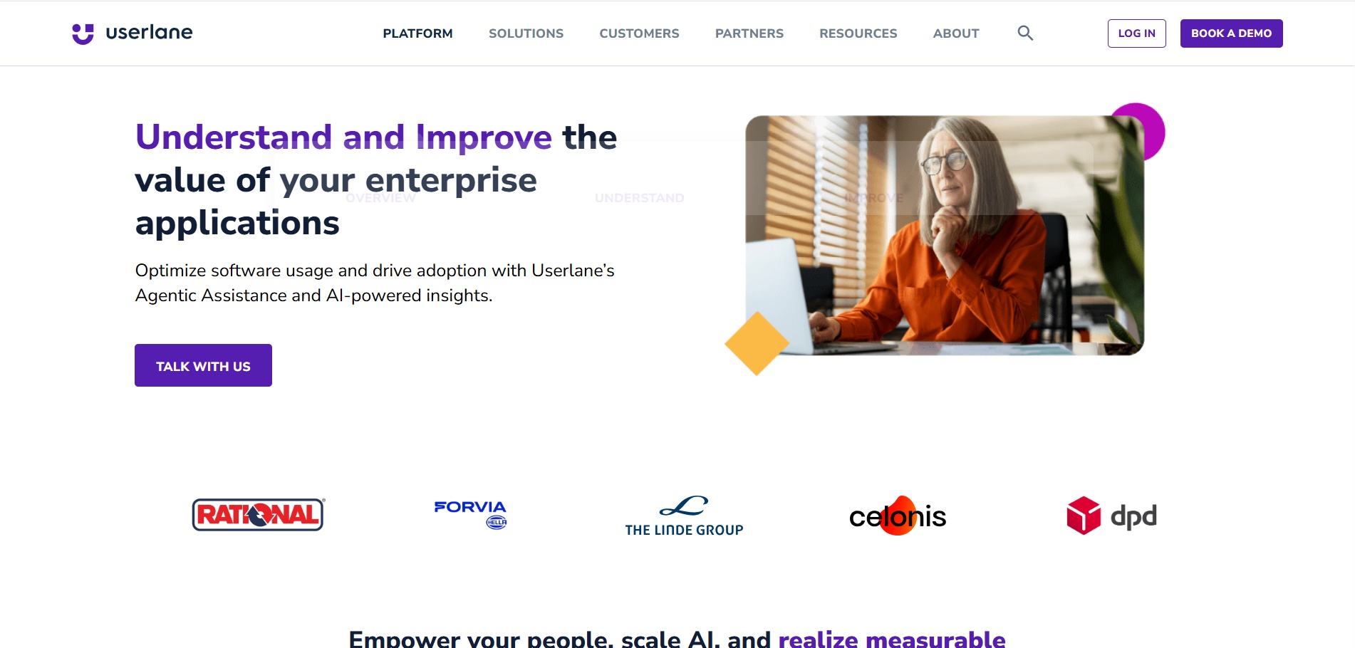 Screenshot of the Userlane homepage with the headline 'Understand and Improve the value of your enterprise applications,' featuring AI-powered insights and logos of clients like Rational, Forvia, and Celonis.