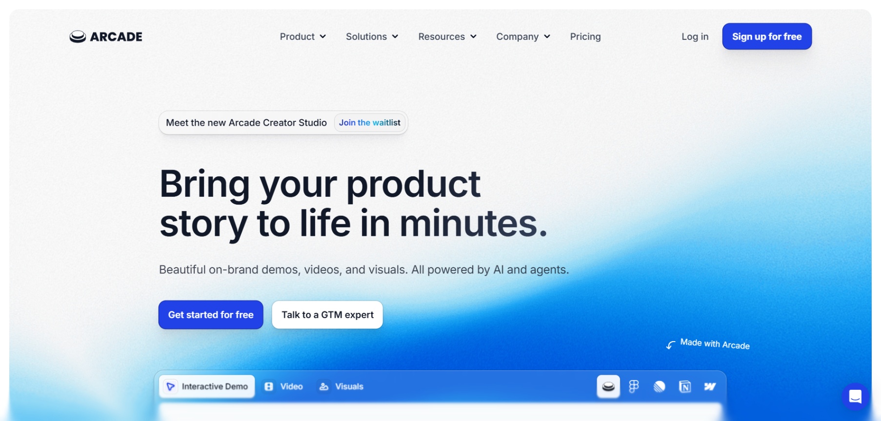 Screenshot of Arcade’s homepage featuring a banner that reads 'Bring your product story to life in minutes.' The page highlights creating on-brand demos, videos, and visuals powered by AI, with options to get started for free or talk to a GTM expert.