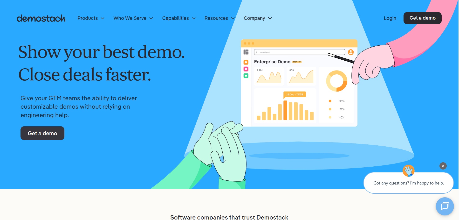 Screenshot of Demostack's homepage showing the headline 'Show your best demo. Close deals faster.' with a graphic of a dashboard displaying enterprise demo analytics. The page includes a 'Get a demo' button and a 'Got any questions?' chat option.