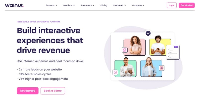 Screenshot of Walnut’s homepage featuring the headline “Build interactive experiences that drive revenue,” key benefits, and an image of four people in colorful demo-style frames, with “Get started” and “Book a demo” buttons.