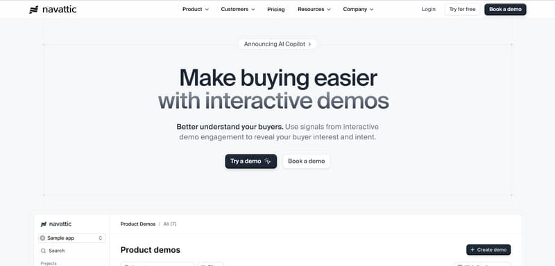 Screenshot of Navattic’s homepage with the headline “Make buying easier with interactive demos,” a subheadline about understanding buyers, and buttons to try a demo or book a demo.