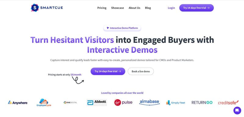 Screenshot of the SmartCue homepage highlighting an interactive demo platform, a headline about turning visitors into engaged buyers, call-to-action buttons for a free trial and live demo, pricing details, and customer logos.