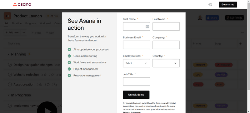 Asana product demo page