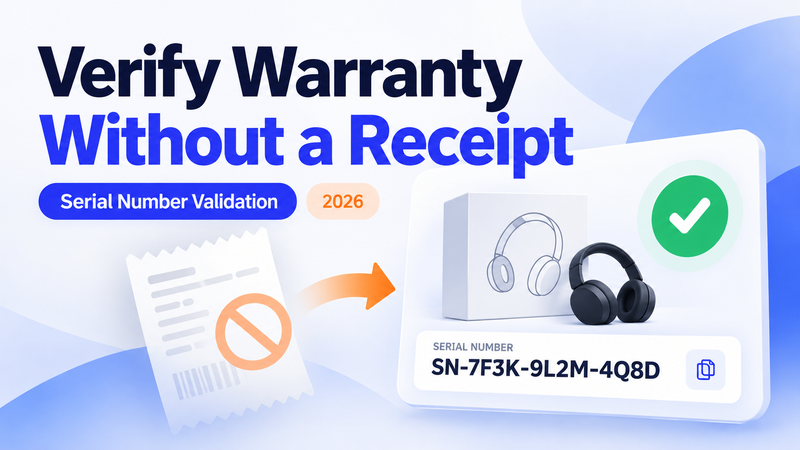 Warranty verification graphic showing headphones, serial number, approved checkmark, and crossed-out receipt.