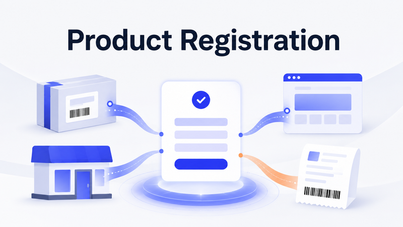 Product registration workflow connecting package, store, online form, and purchase receipt channels.