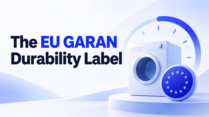 EU GARAN durability label graphic with washing machine and warranty timeline symbol.