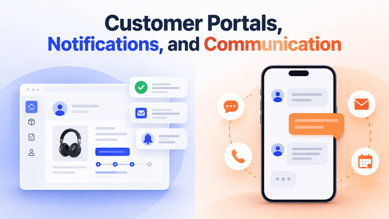 Customer portals and communication graphic showing warranty dashboard, mobile messages, and notifications.