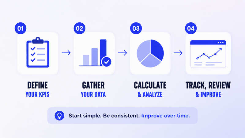 Four-step warranty KPI process covering definition, data collection, analysis, tracking, review, and improvement
